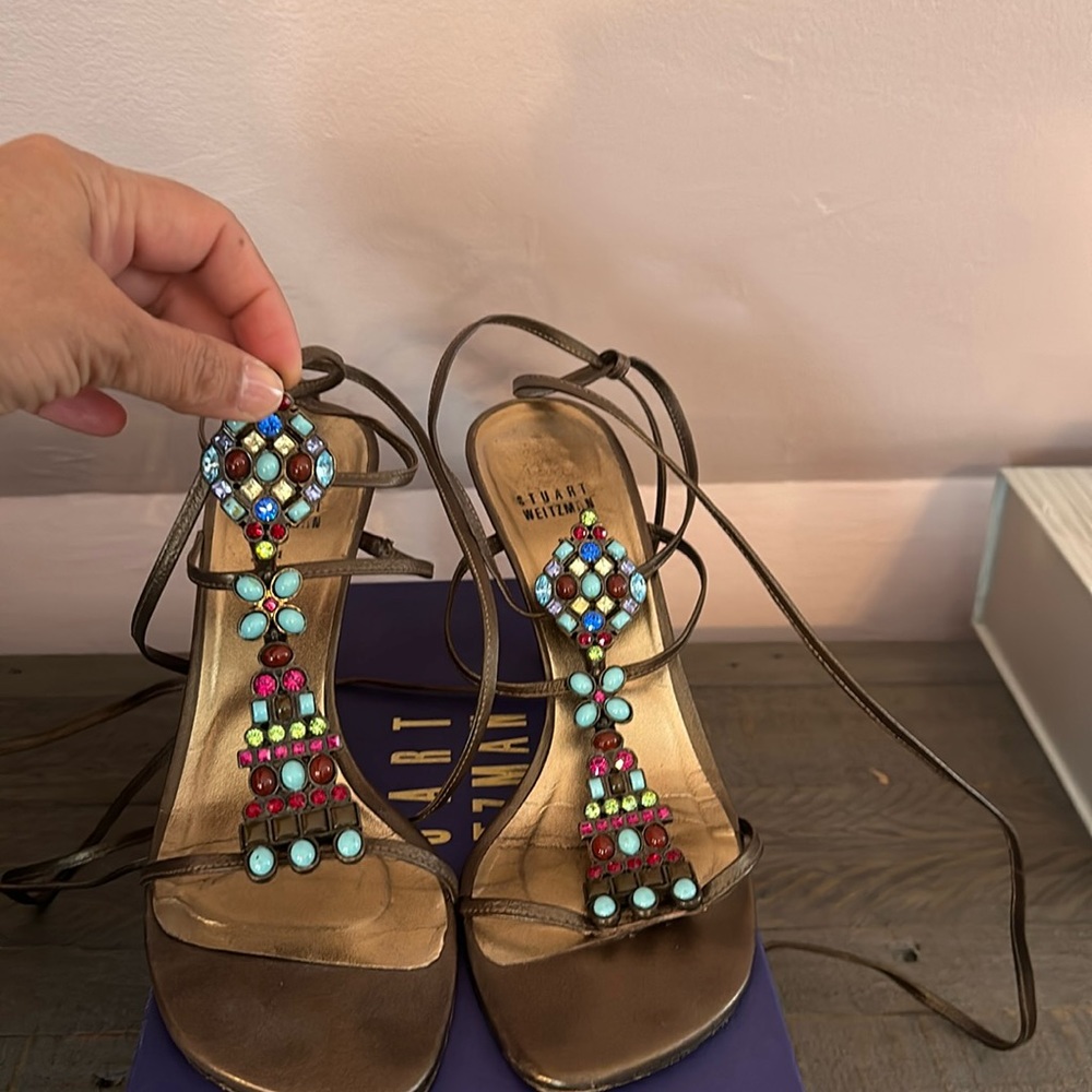 Stuart Weitzman Stupendous Brass Mordore with ankle strap with exquisite jewels